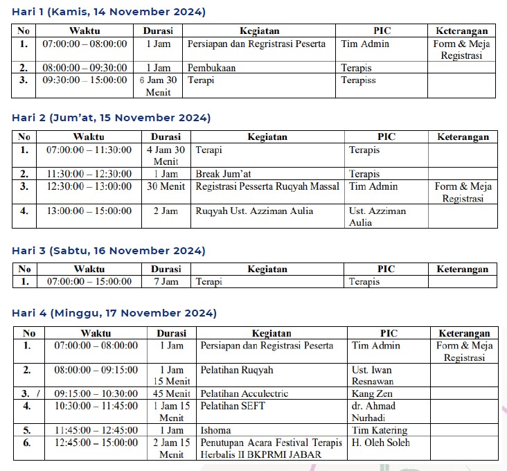 Festival Terapis Herbalis. Pengobatan gratis di Aula Galeri Masjid Raya Al Jabbar. Kamis s.d. Ahad, 14-17 Nov. 2024 Pkl 13.00-15.00 WIB